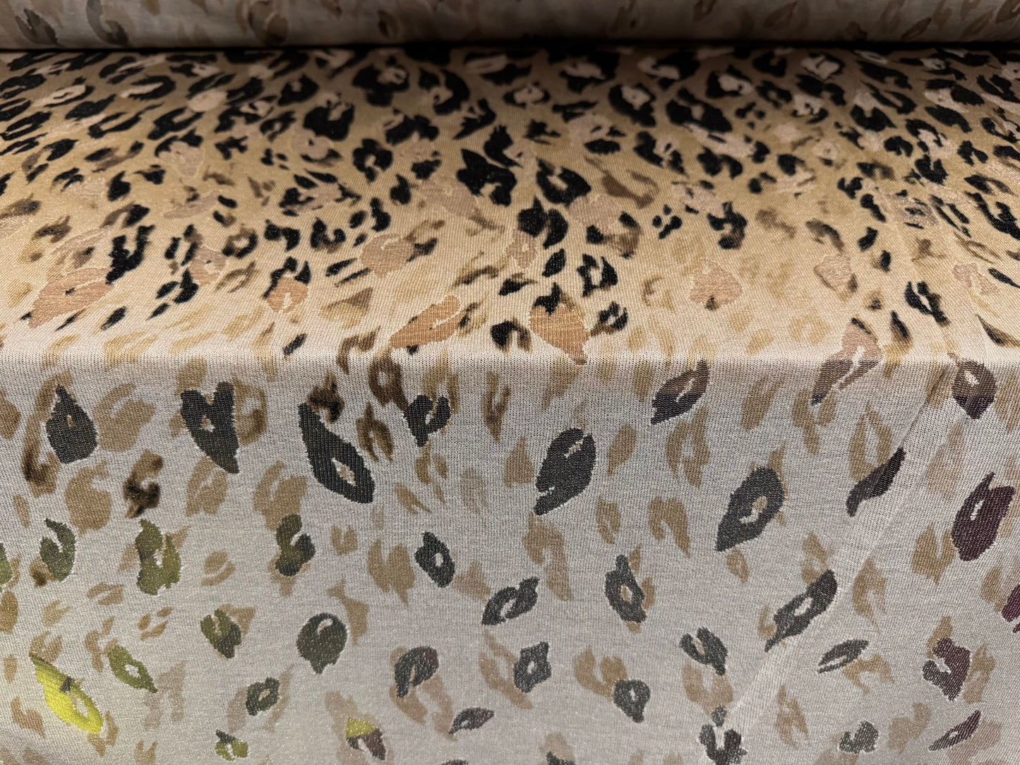 Burnout crepe single jersey fabric, per metre - leopard panel print - gold & beige