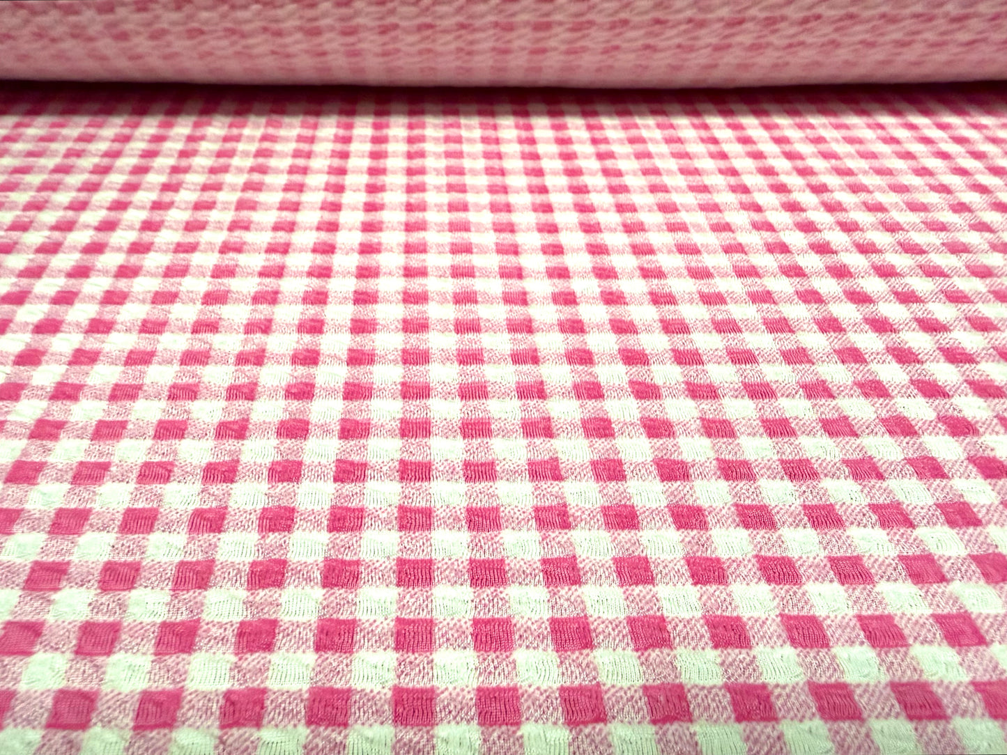 Stretch spandex jersey jacquard fabric, per metre - gingham print - pink & white