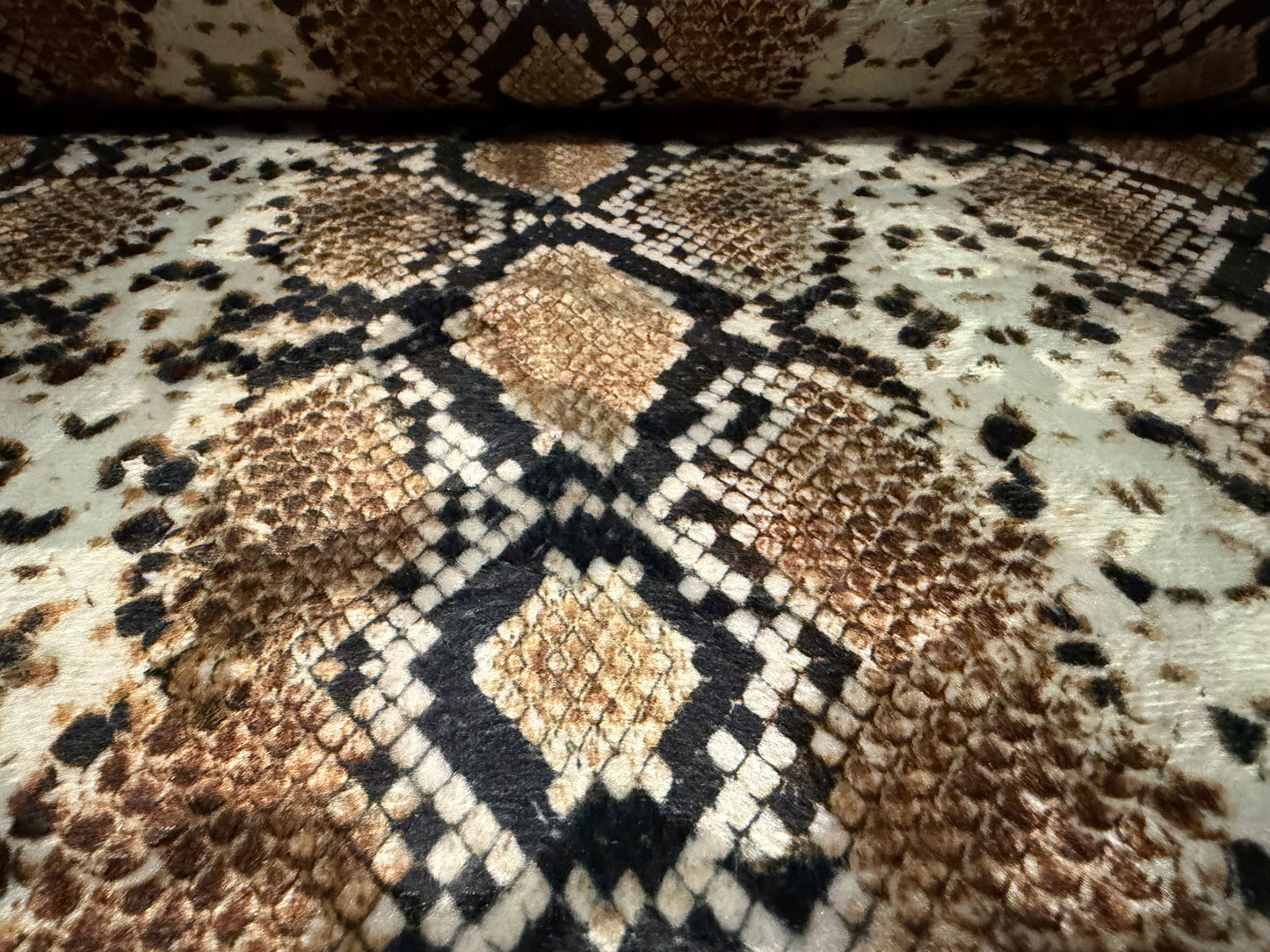 Velboa pony skin faux fur fabric, per metre - snakeskin print - brown & sage