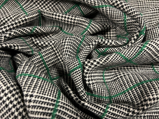 Wool blend coat jacket fabric, per metre - Prince of Wales check - grey & emerald green