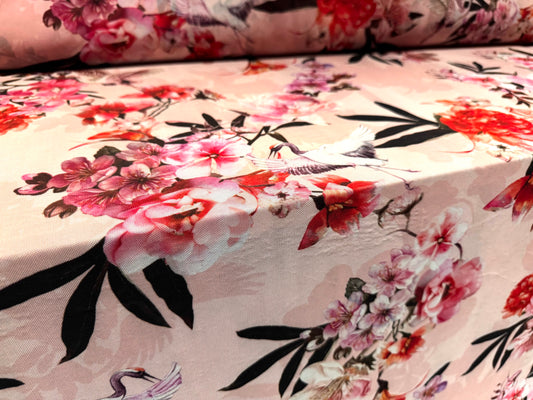 Power mesh net stretch spandex fabric, per metre - birds & blossom print - pink
