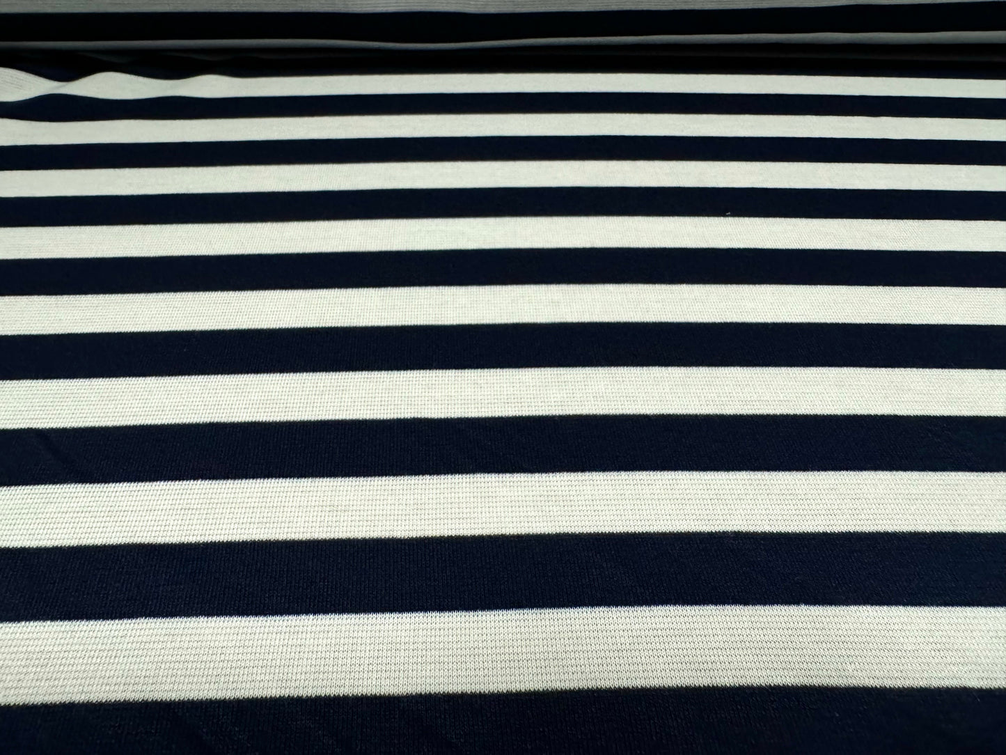 Ponte Roma double jersey knit stretch fabric, per metre - stripe - dark navy blue & ivory