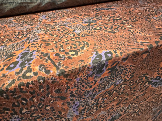 Power mesh net stretch spandex fabric, per metre - stylised leopard print - terracotta & lilac