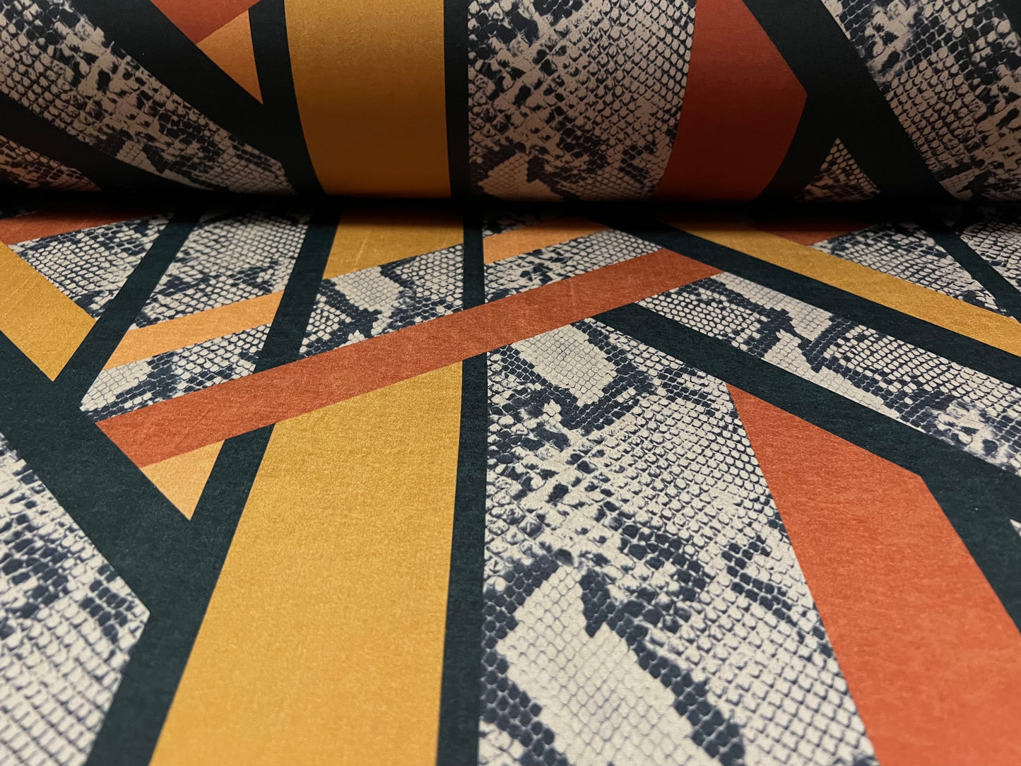 Swimwear stretch spandex jersey fabric, per metre - retro geometric snakeskin print - saffron & brown