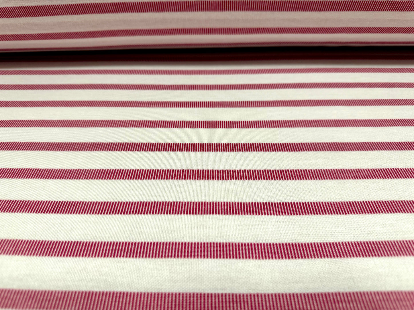 Soft interlock jersey fabric, per metre - stripe - raspberry & white