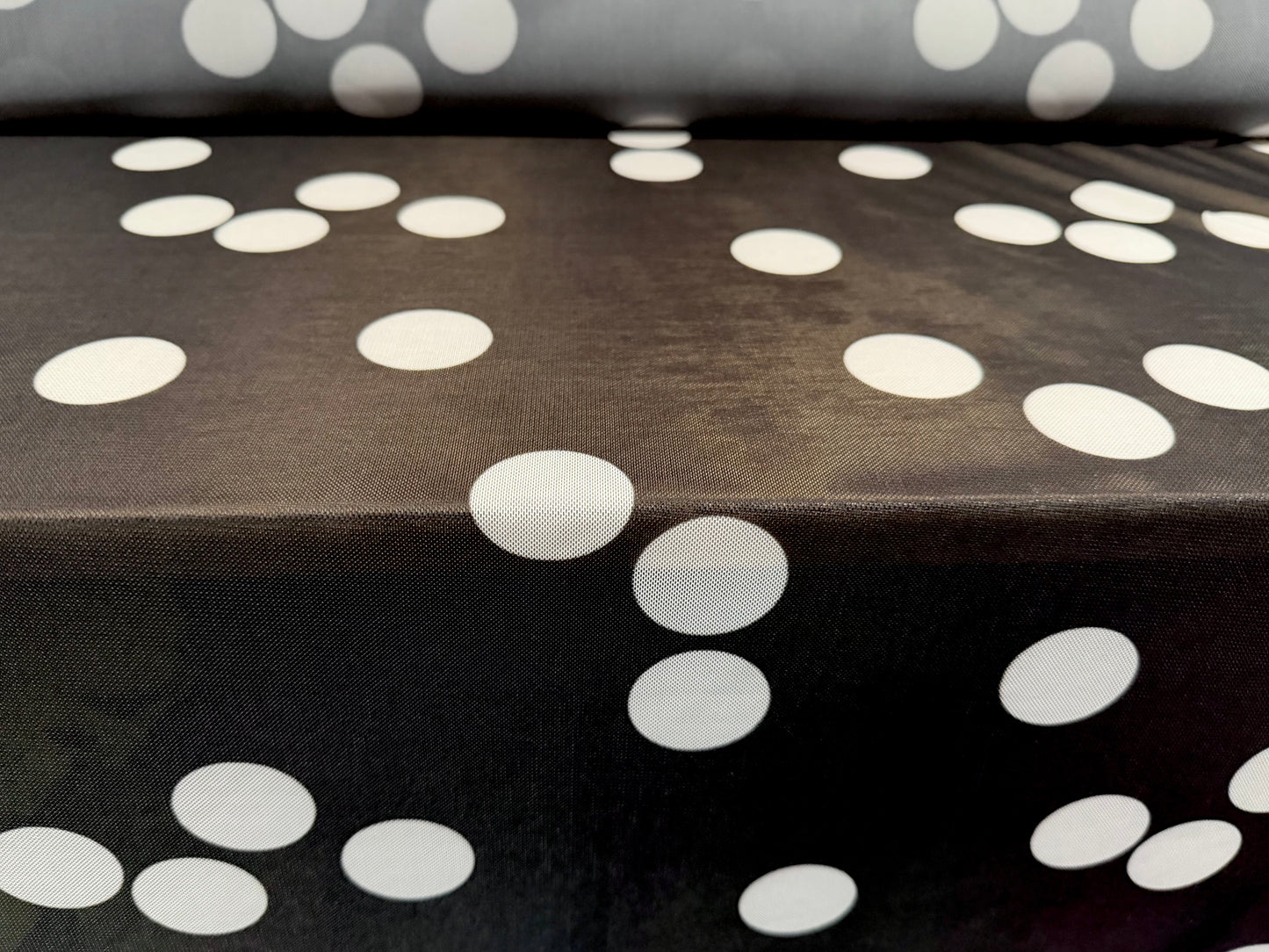 Power mesh net stretch spandex fabric, per metre - jumbo spots print - black & white