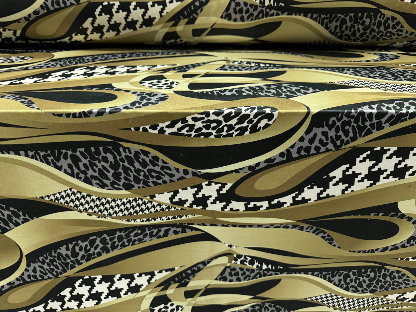 Soft touch stretch spandex single jersey fabric, per metre - houndstooth swirl print - khaki