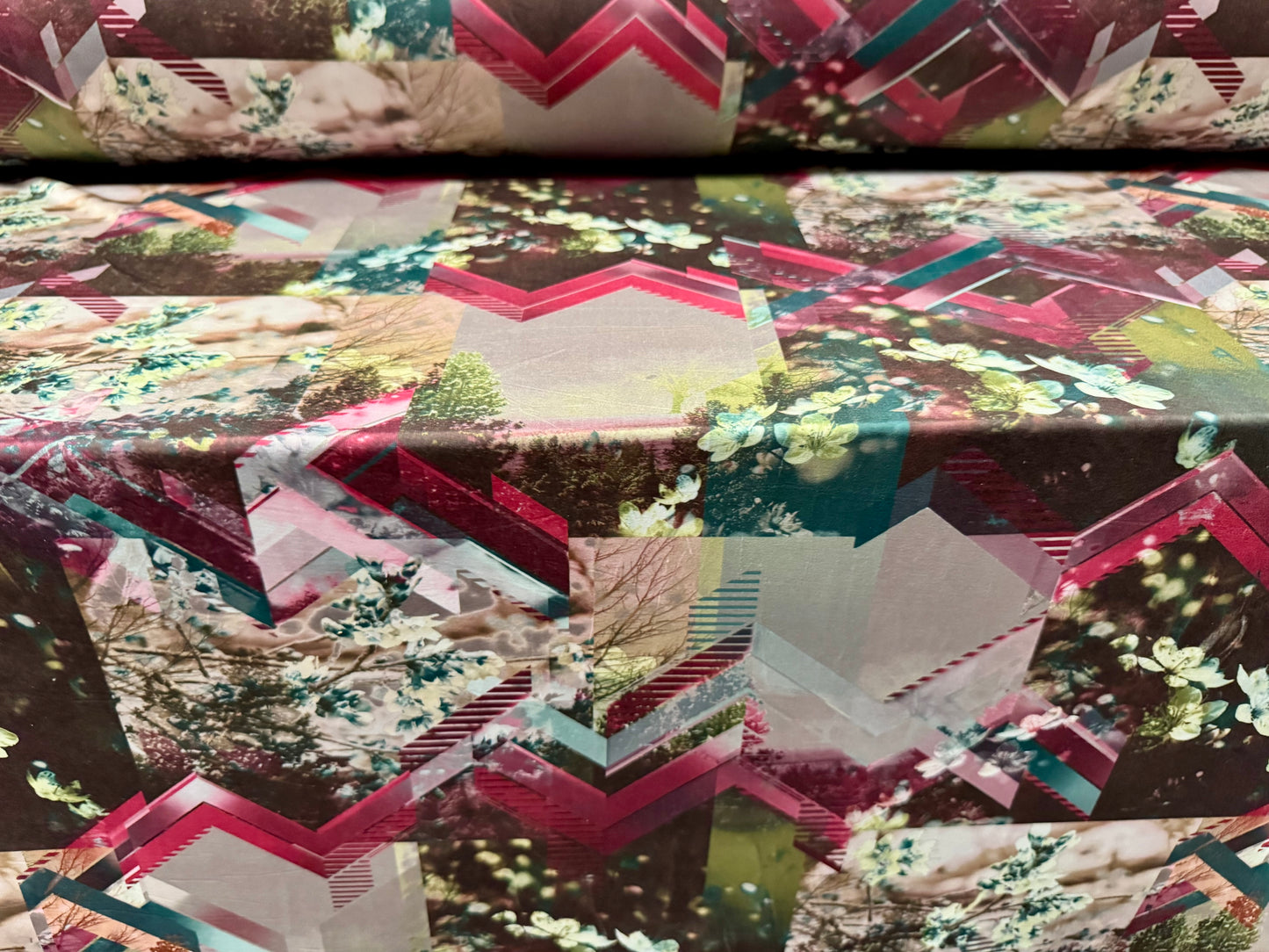 Soft touch stretch spandex single jersey fabric, per metre - stylised blossom print - pink & green