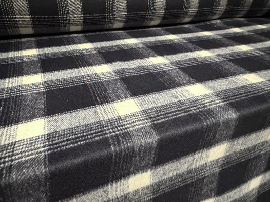 Wool flannel fabric, per metre - plaid check - midnight & ivory