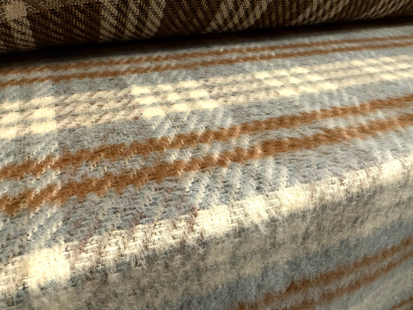 Brushed wool bouclé fabric, per metre - plaid - cream brown & grey