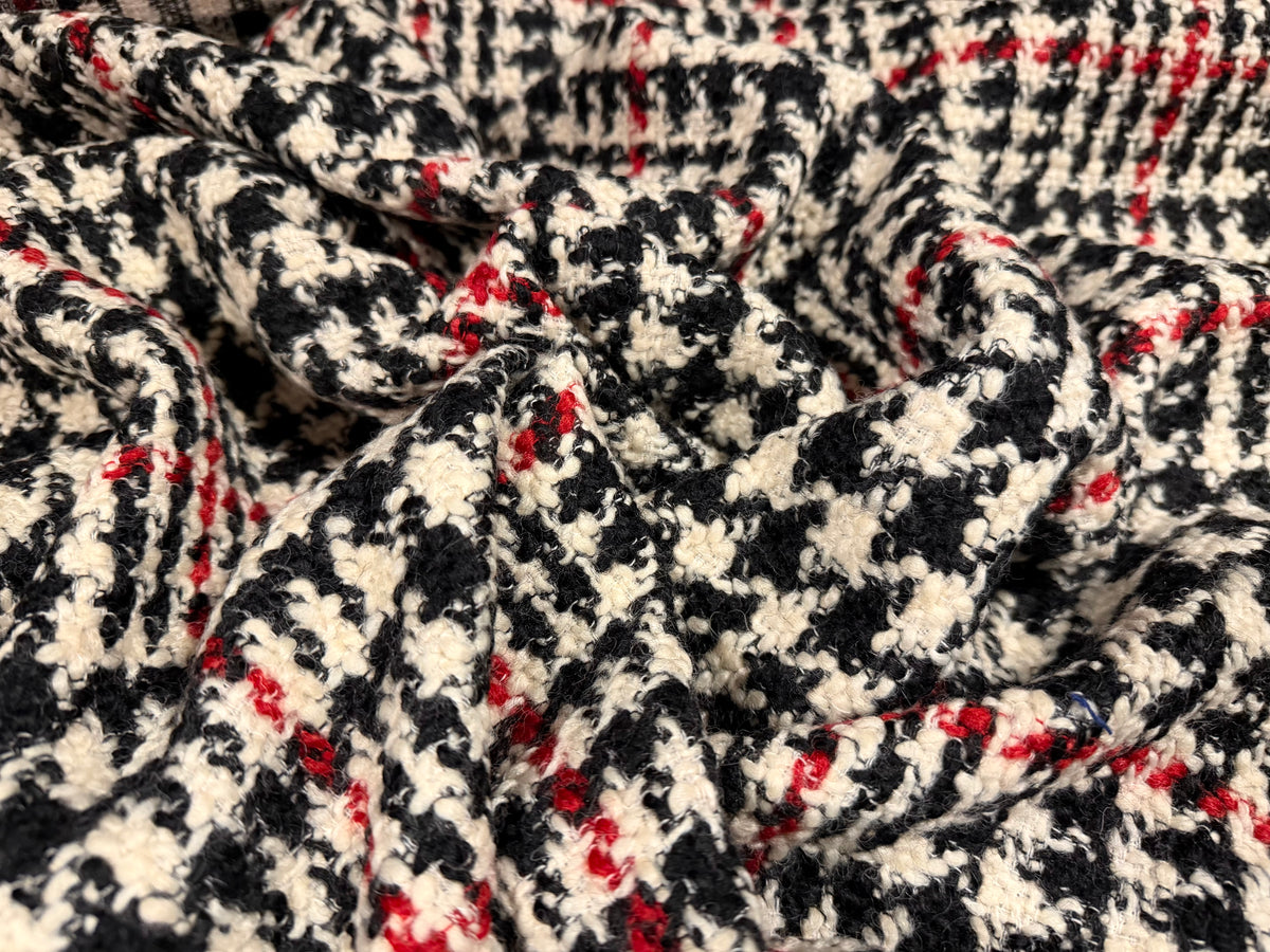 Heavyweight wool bouclé fabric, per metre - houndstooth - cream red & black