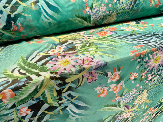 Power mesh net stretch spandex fabric, per metre - jungle flowers & animal print - jade green