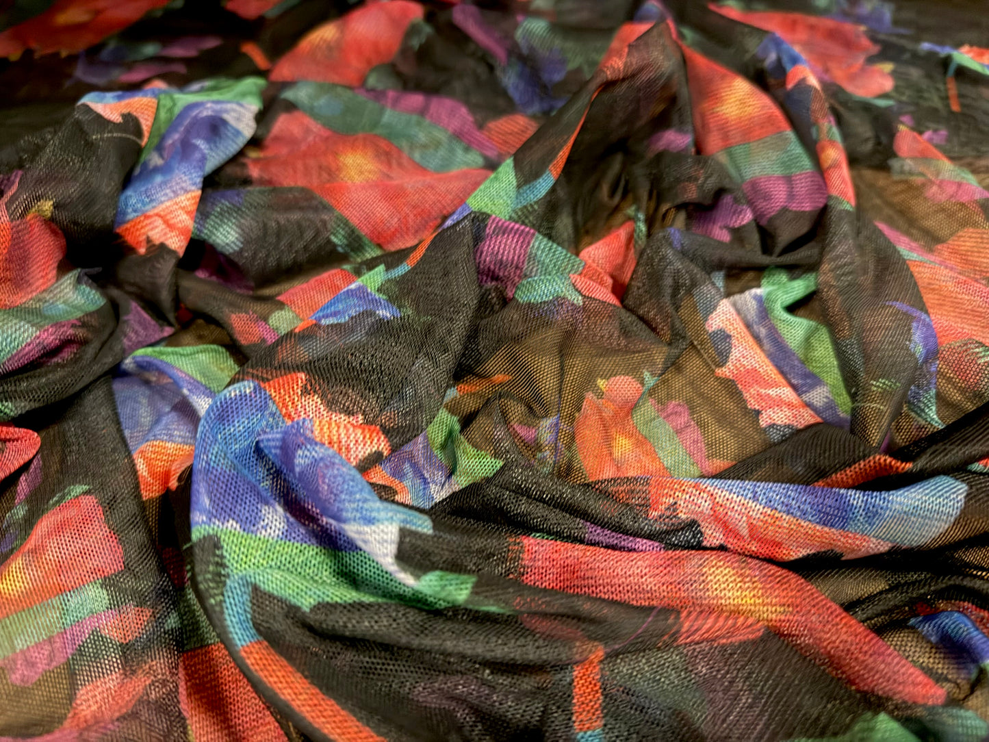 Power mesh net stretch spandex fabric, per metre - Pop Art Flower print - black red & blue