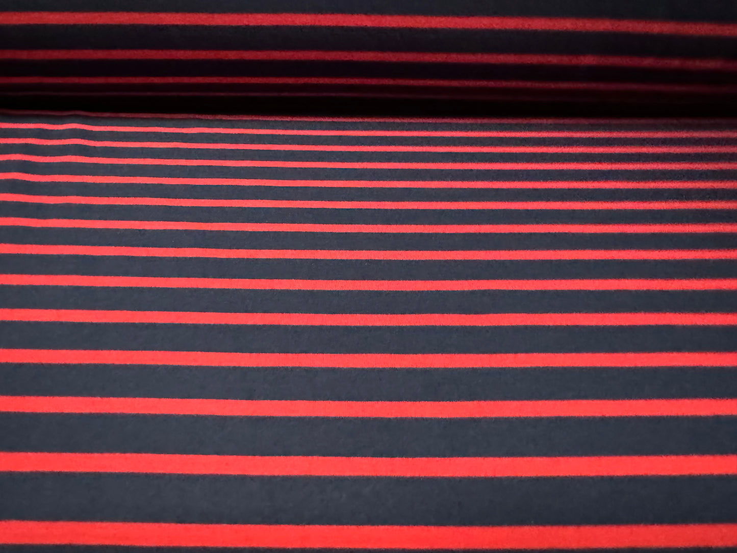 Viscose spandex stretch single jersey fabric, per metre - Bengal stripe - dark navy blue & red