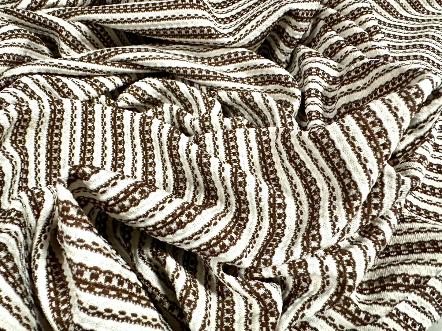 Stretch double jersey fabric, per metre - stripes jacquard - ivory & brown