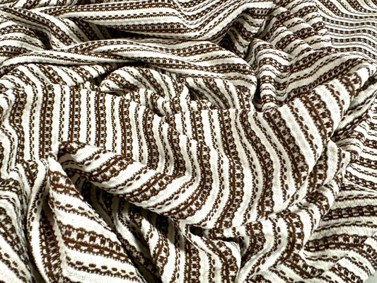 Stretch double jersey fabric, per metre - stripes jacquard - ivory & brown