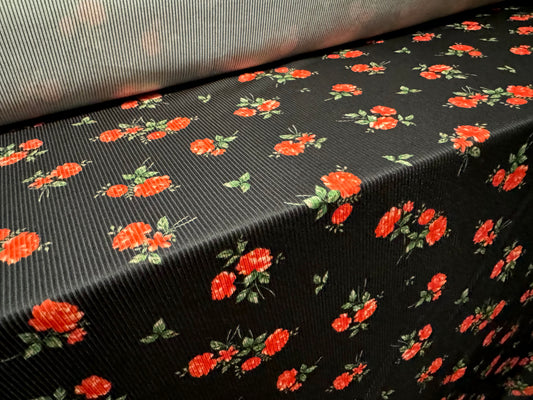 Stretch spandex rib jersey fabric, per metre - flower print - black & red