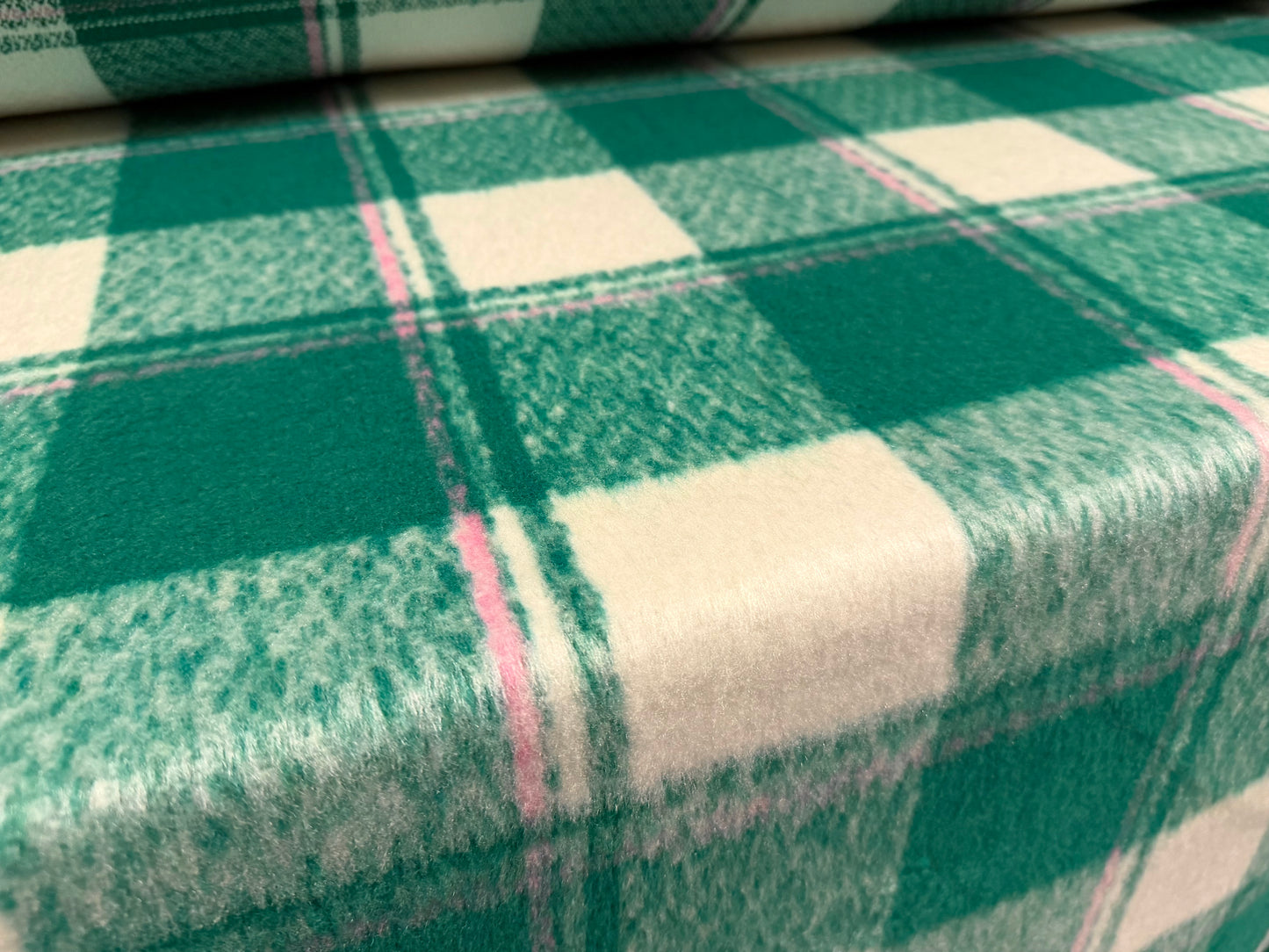 Heavyweight wool flannel brushed coat jacket fabric, per metre - plaid check - green white & pink