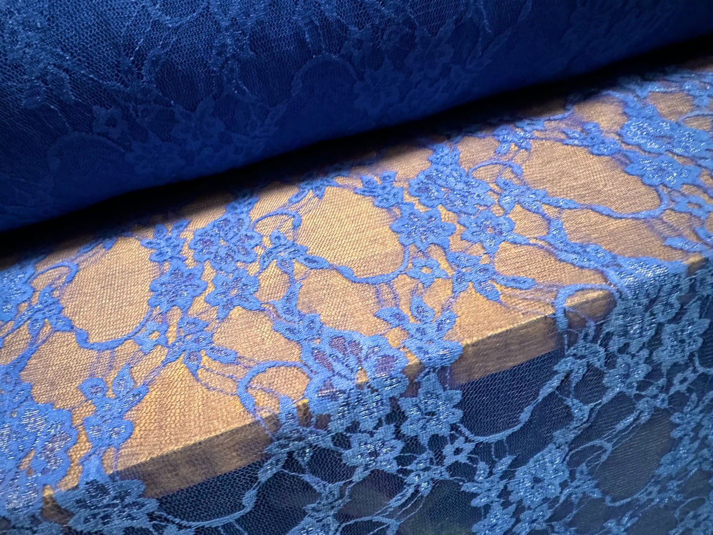 Stretch spandex mesh lace net fabric, per metre - floral pattern - blue