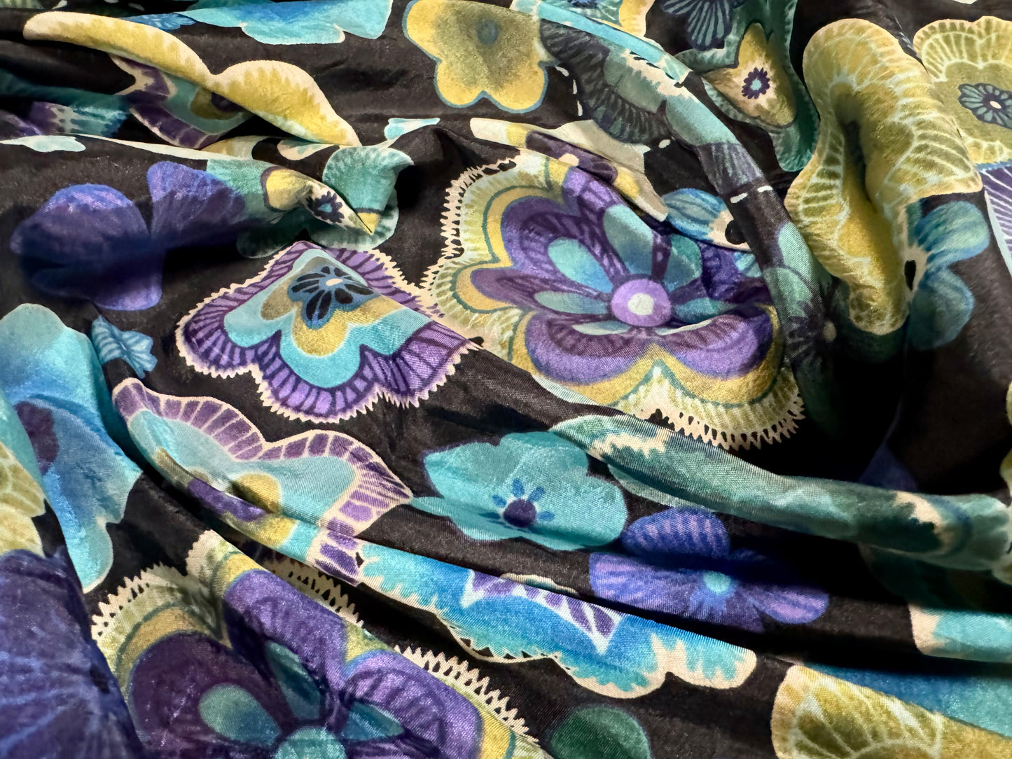 Taffeta faux silk fabric - retro flower print - turquoise purple & black