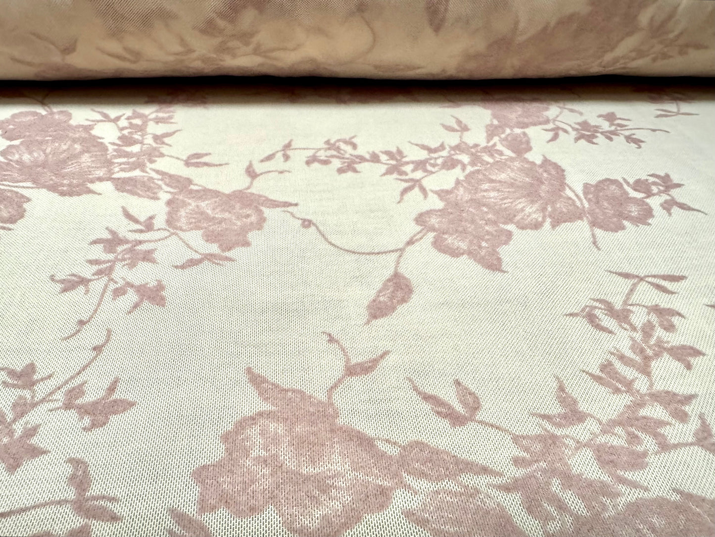 Power mesh net sheer stretch spandex fabric, per metre - flocked rose print - skin tone & dusky