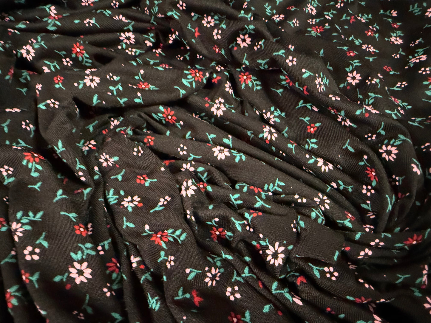 Viscose spandex stretch single jersey fabric, per metre - small ditsy flower print - black & pink