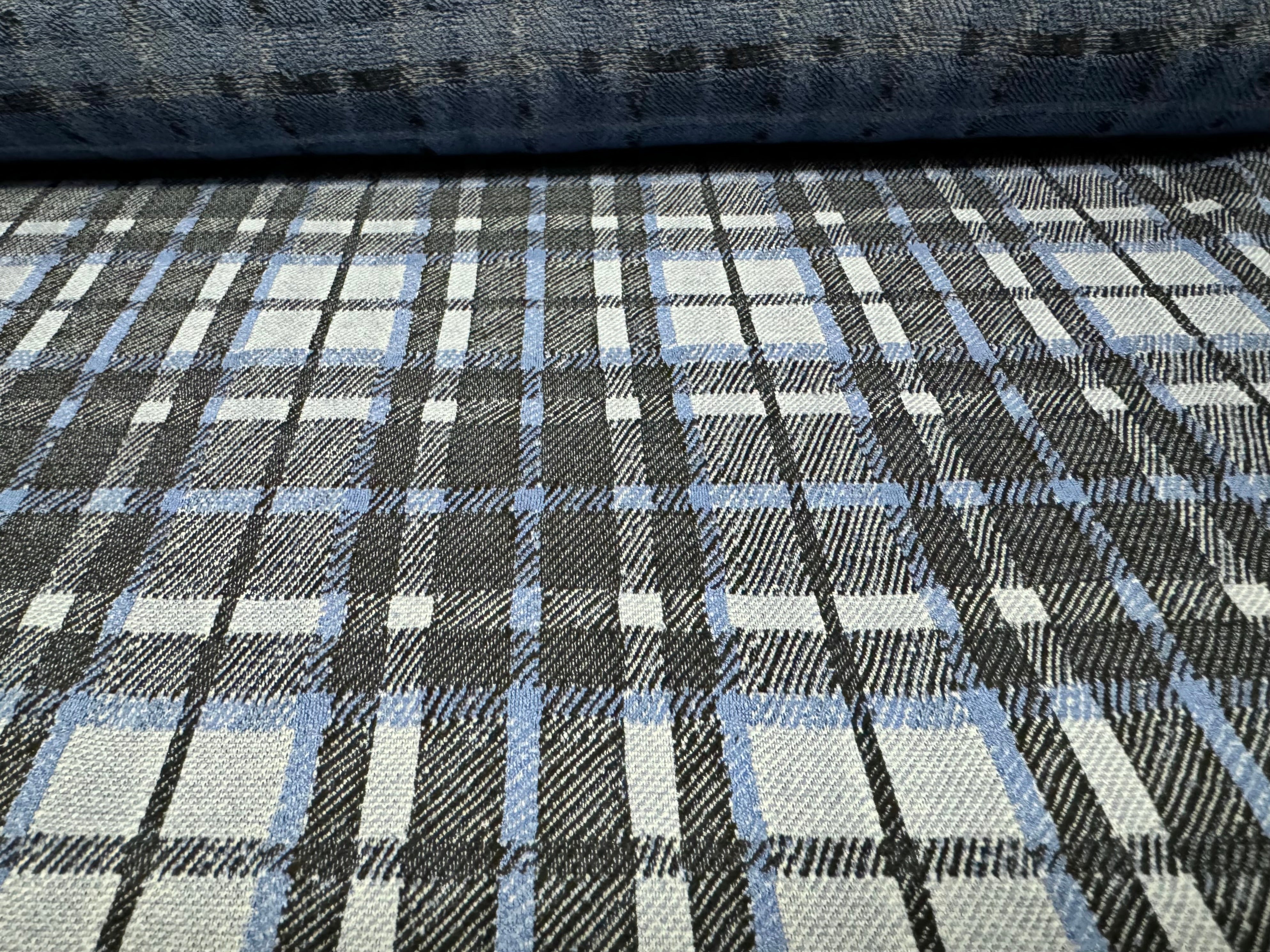 Stretch spandex double jersey fabric per metre tartan plaid blue thefabricmerchant