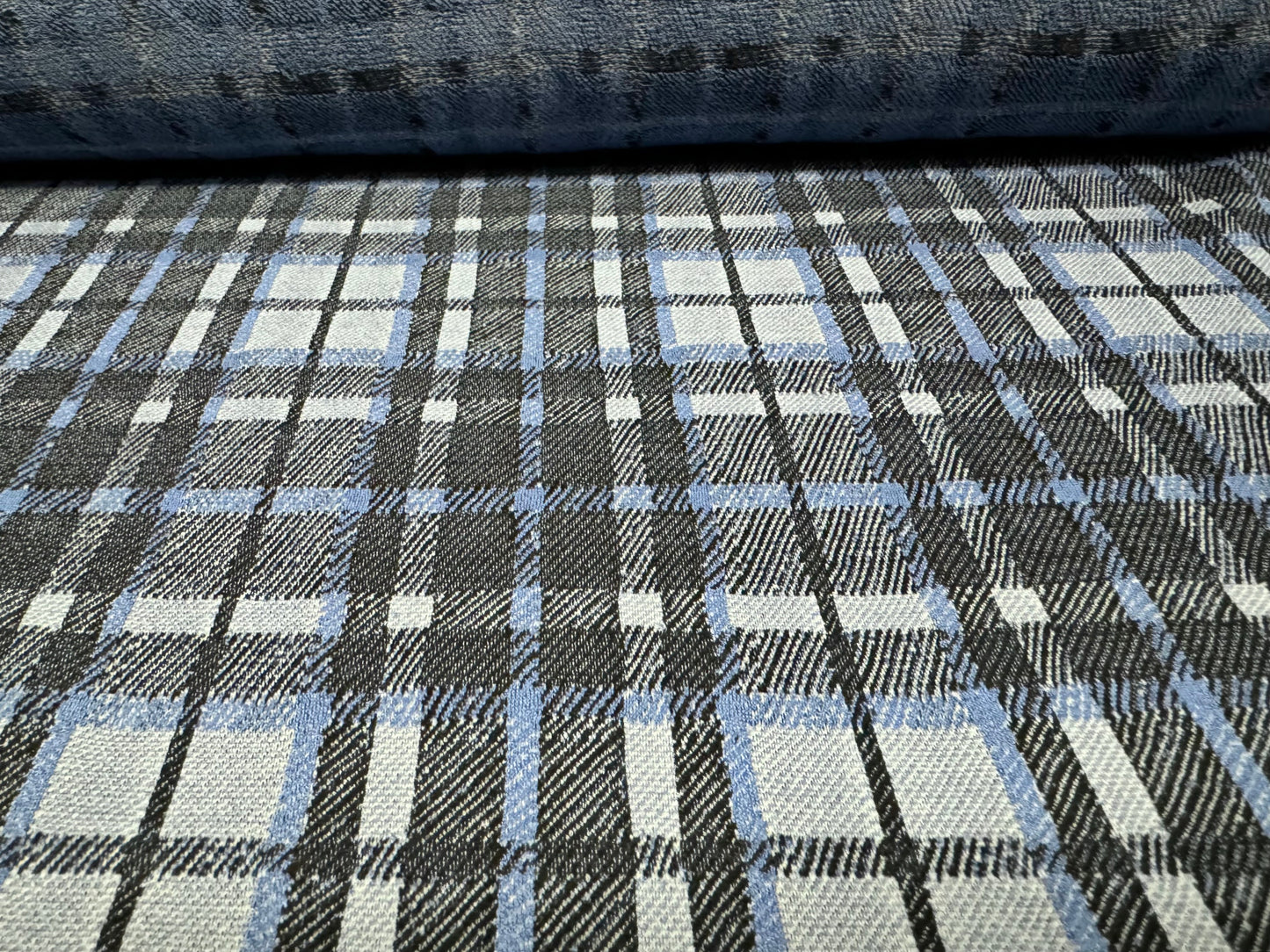 Stretch spandex double jersey fabric, per metre - tartan plaid - blue & grey