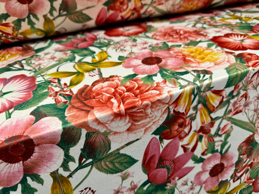 Stretch spandex crepe single jersey fabric, per metre - flower emporium print - pink & green
