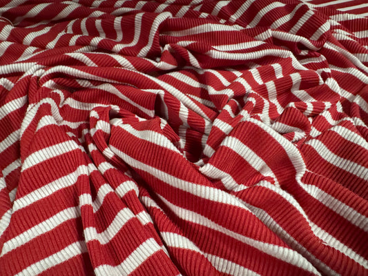 Stretch Spandex rib jersey fabric, per metre - stripe - crimson & off white