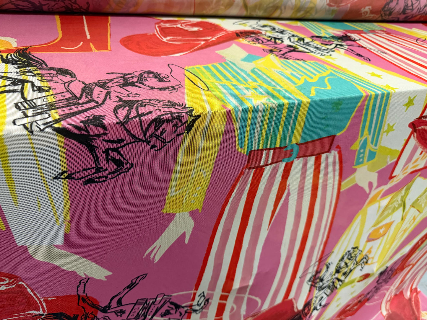 Power mesh net stretch spandex fabric, per metre - cowgirl rodeo print - multicolour