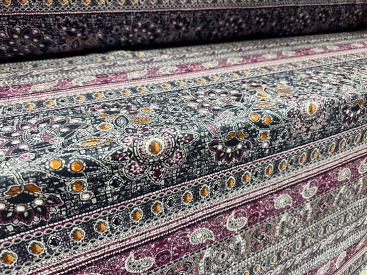 Scuba crepe stretch spandex double jersey fabric, per metre - paisley stripe print - navy & magenta