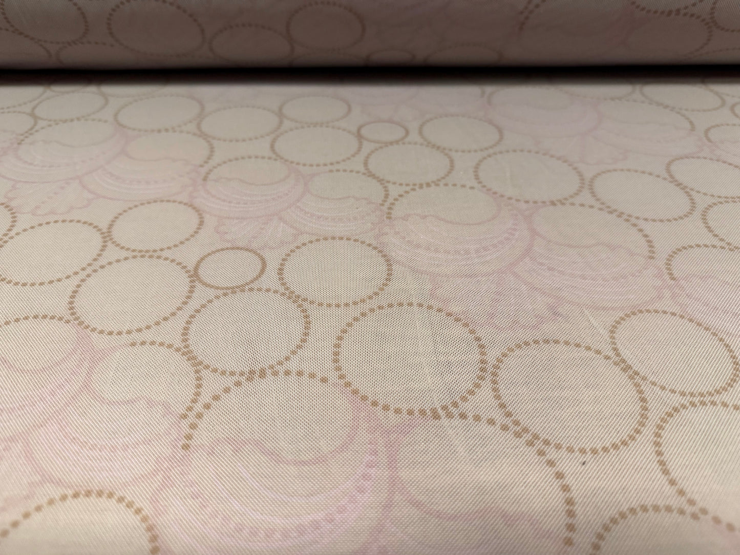 Power mesh net stretch spandex fabric, per metre - geometric circles print - grey pink & mustard