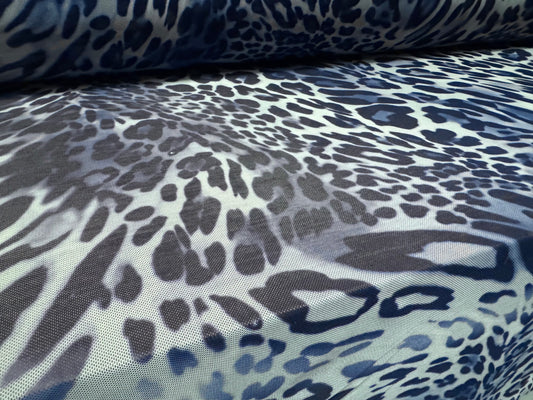 Power mesh net stretch spandex fabric, per metre - animal print - blue