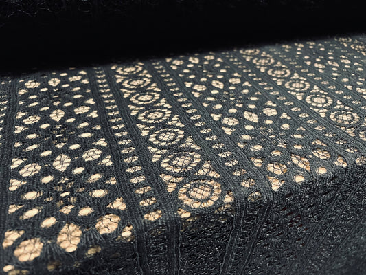 Heavy corded Alencon lace dress fabric with decorative selvedge, per metre - floral stripe - black