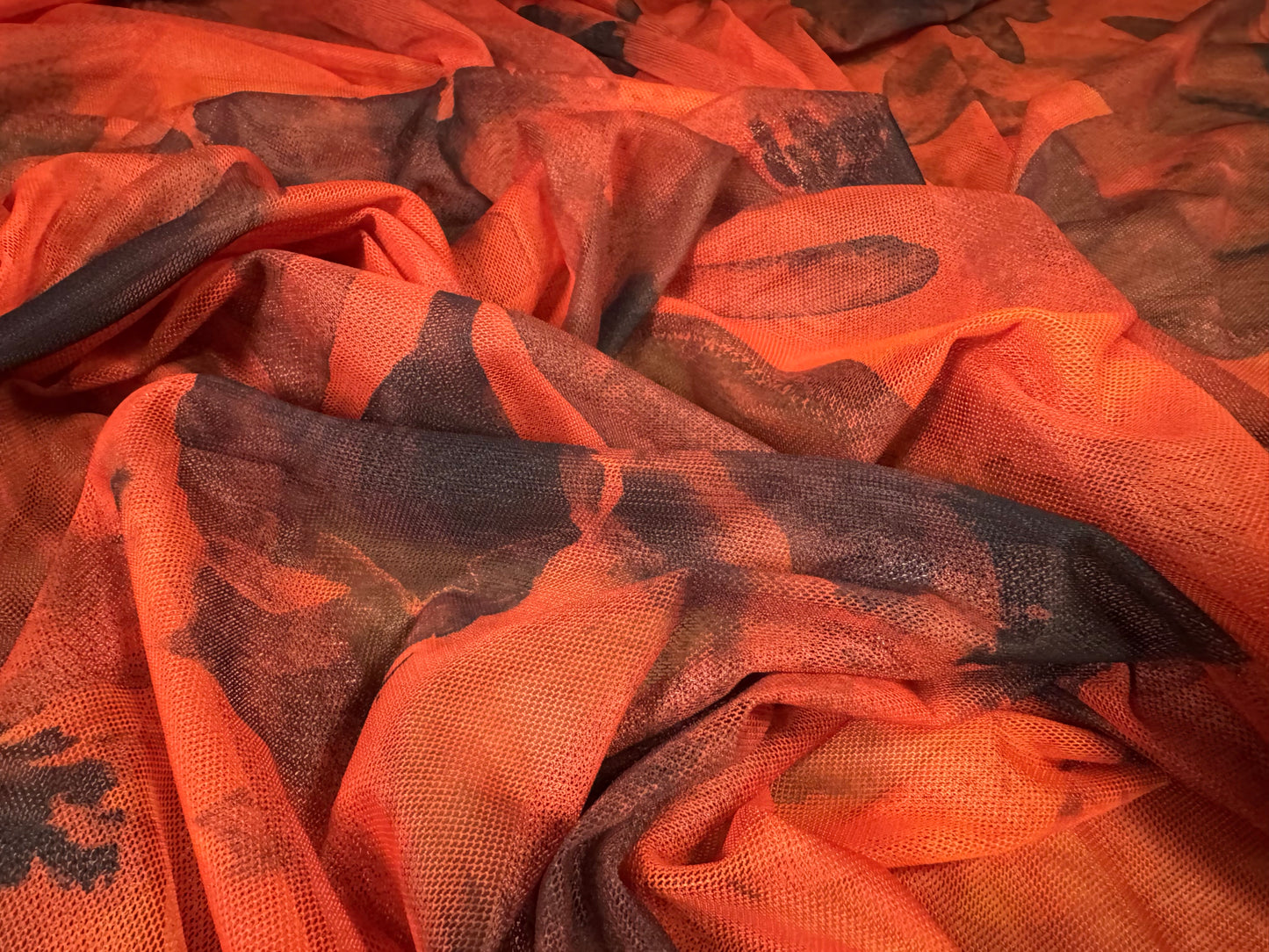 Power mesh net stretch spandex fabric, per metre - orchid floral print - burnt orange