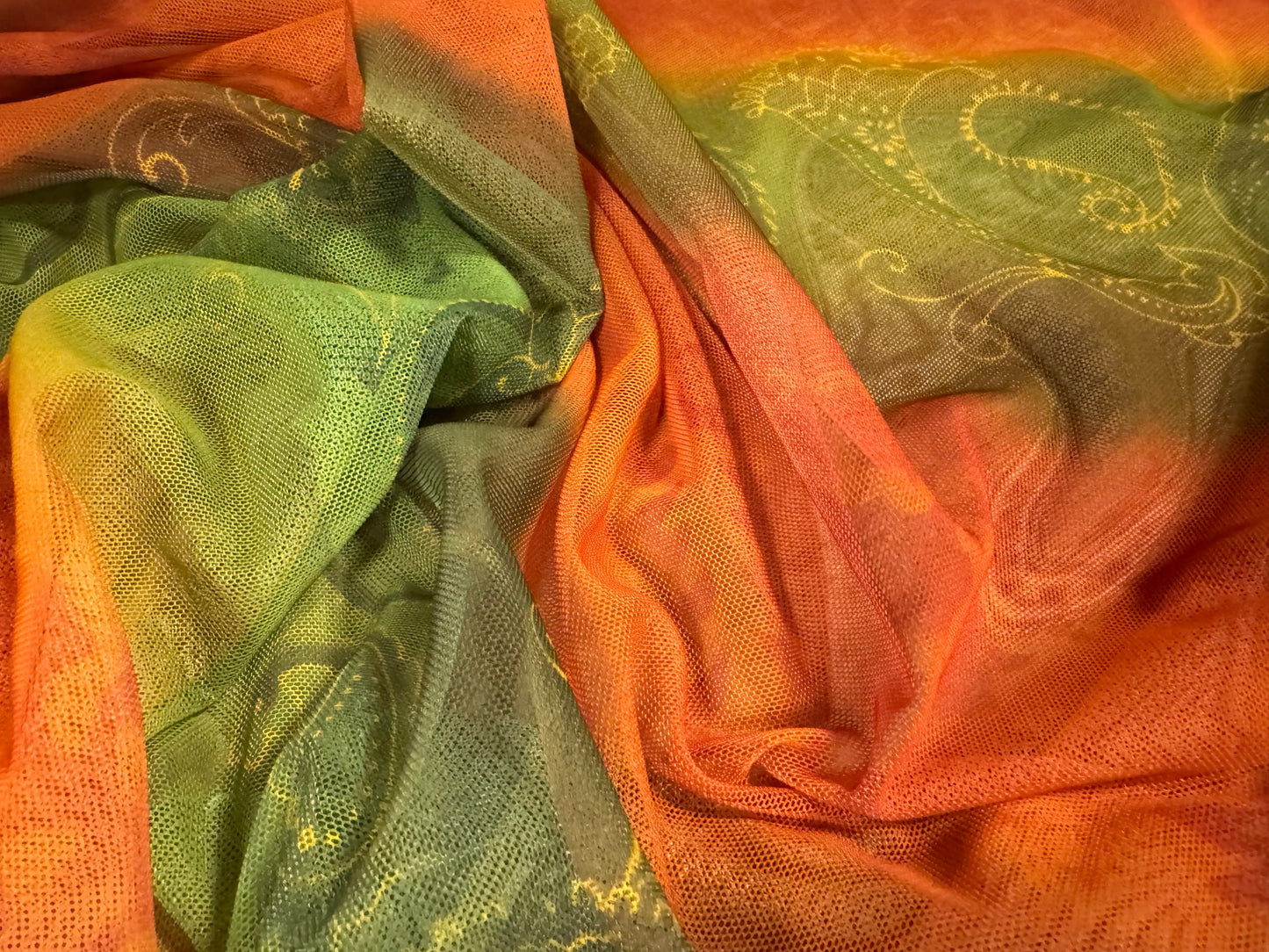 Power mesh net stretch spandex fabric, per metre - Kerala paisley stripe print - green & burnt orange