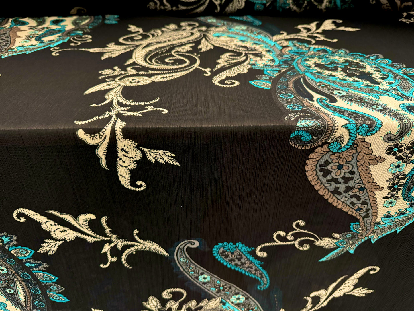 Chiffon yoryu dress blouse fabric, per metre - paisley print - black turquoise & cream