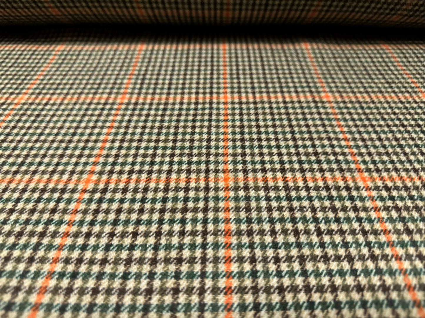 Wool mouflon coat jacket fabric, per metre - plaid check - stone orange & emerald