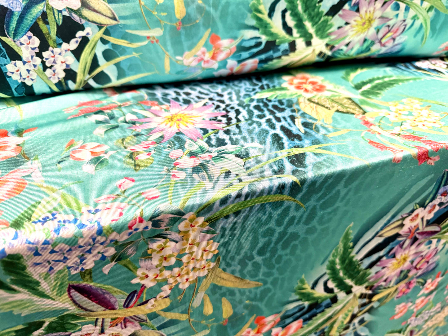 Disco stretch single jersey fabric, per metre - jungle flowers & animal print - turquoise green