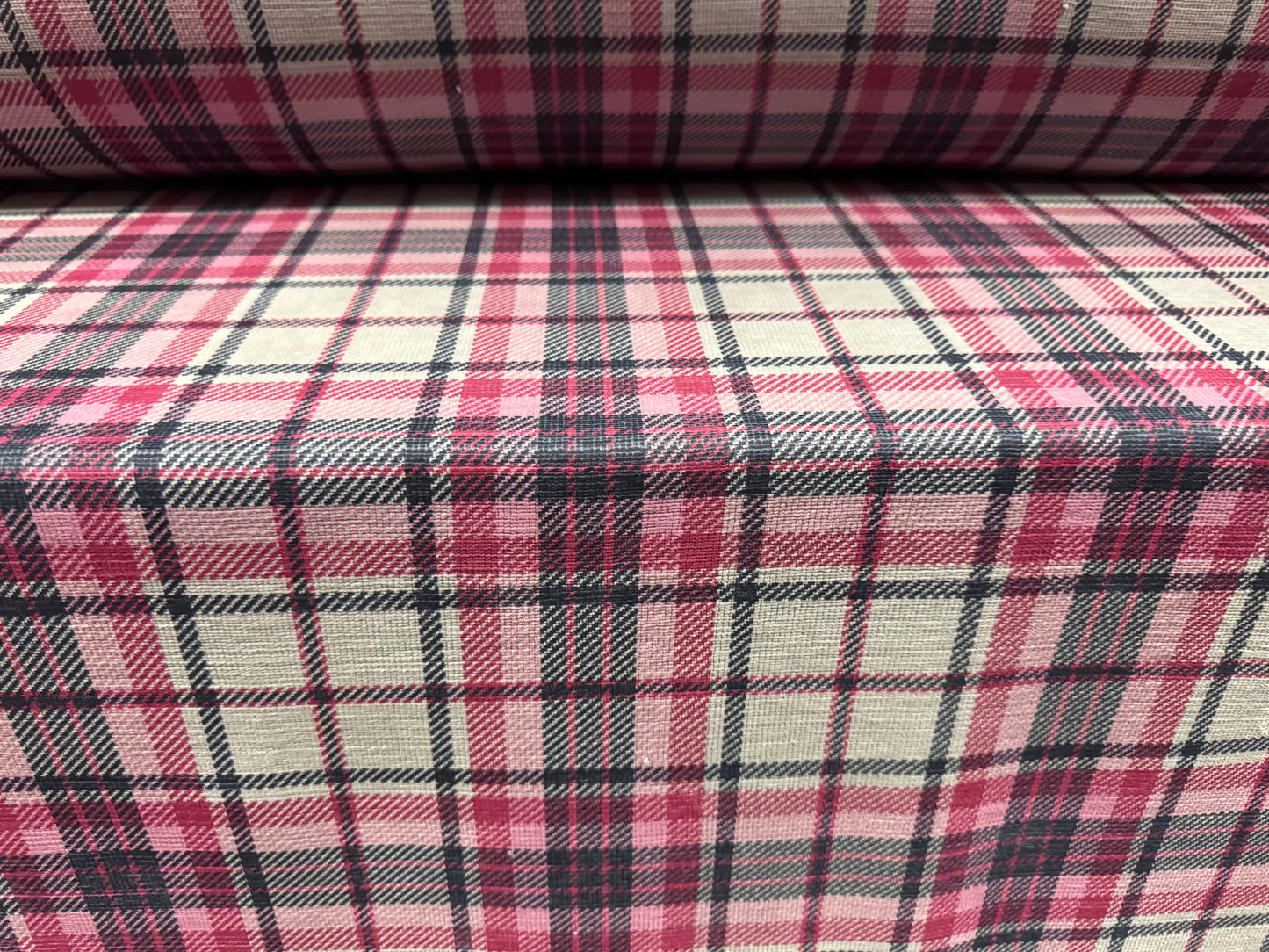 Chenille upholstery fabric, per metre - tartan check print - pink & grey
