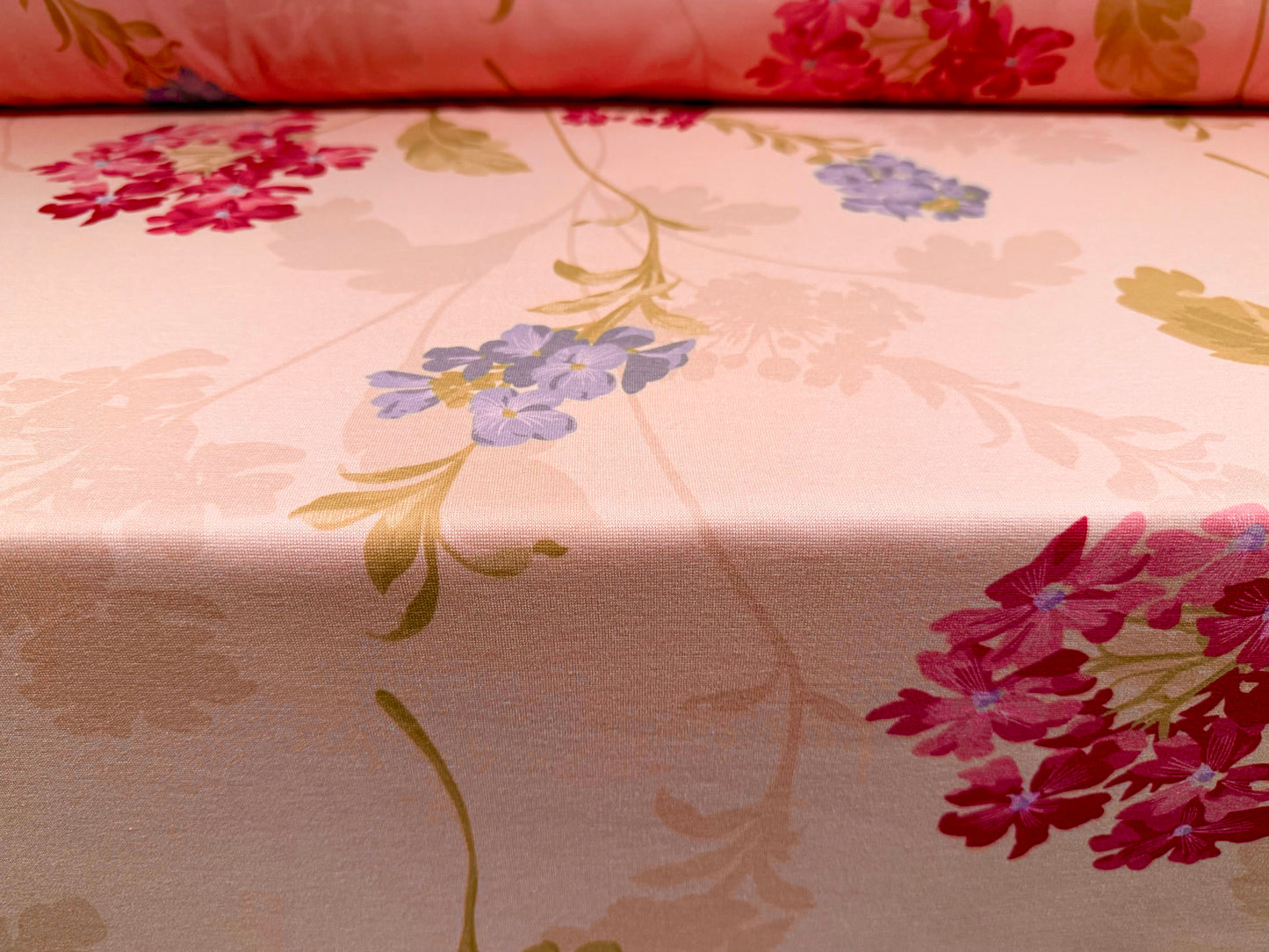 Scuba stretch spandex double jersey fabric, per metre - delphinium flower print - pink