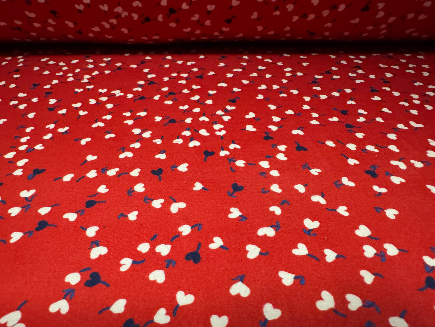 Stretch spandex interlock jersey fabric, per metre - love heart flowers print - red white & blue