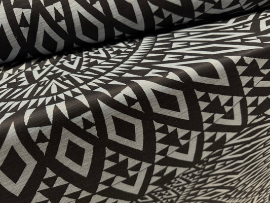 Soft handle lightweight single jersey fabric, per metre - tribal tattoo print - grey & black