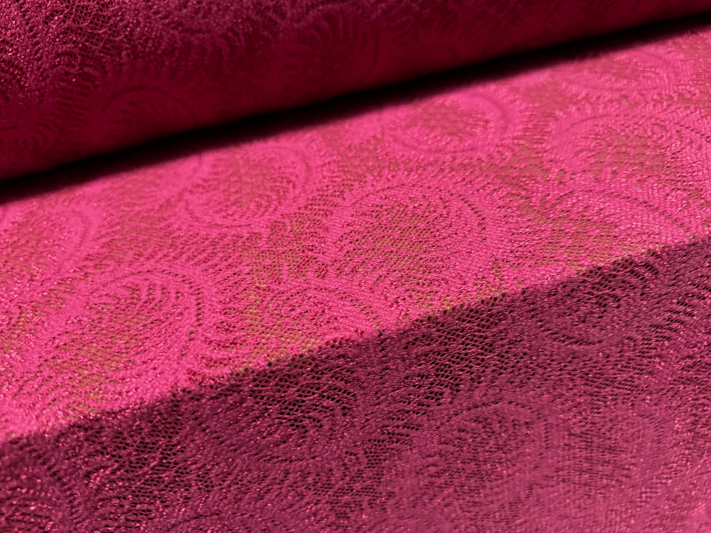 Fine lace fabric, per metre - paisley swirl design - fuchsia pink