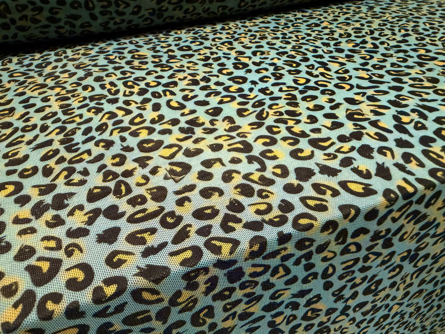 Power mesh net stretch spandex fabric, per metre - micro leopard animal print - blue & yellow