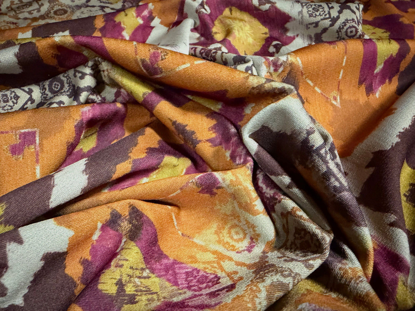 Stretch spandex crepe jersey fabric, per metre - floral collage print - orange brown & chartreuse