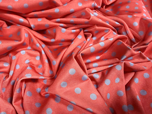 Stretch spandex single jersey fashion fabric, per metre - polka dot print - pink & sky blue