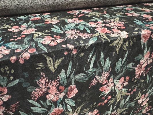 Super soft knitwear jersey fabric, per metre - Flower print - charcoal & pink