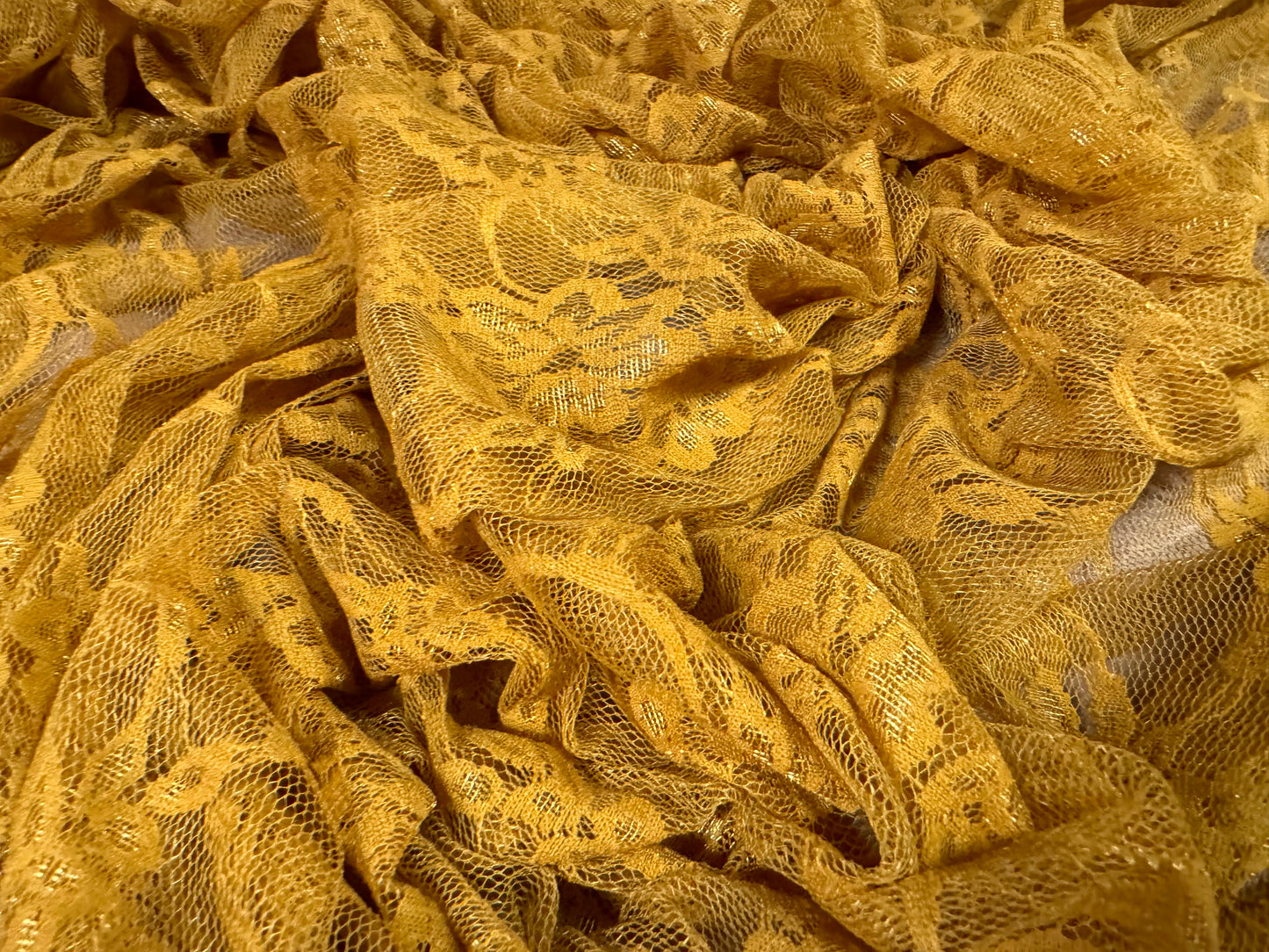 Stretch spandex mesh lace net fabric, per metre - floral pattern - mustard